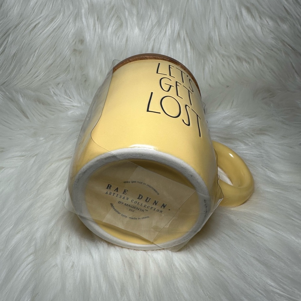 Rae Dunn Yellow Let’s Get Lost Mug with Wooden Lid/Coaster - Picture 3 of 4